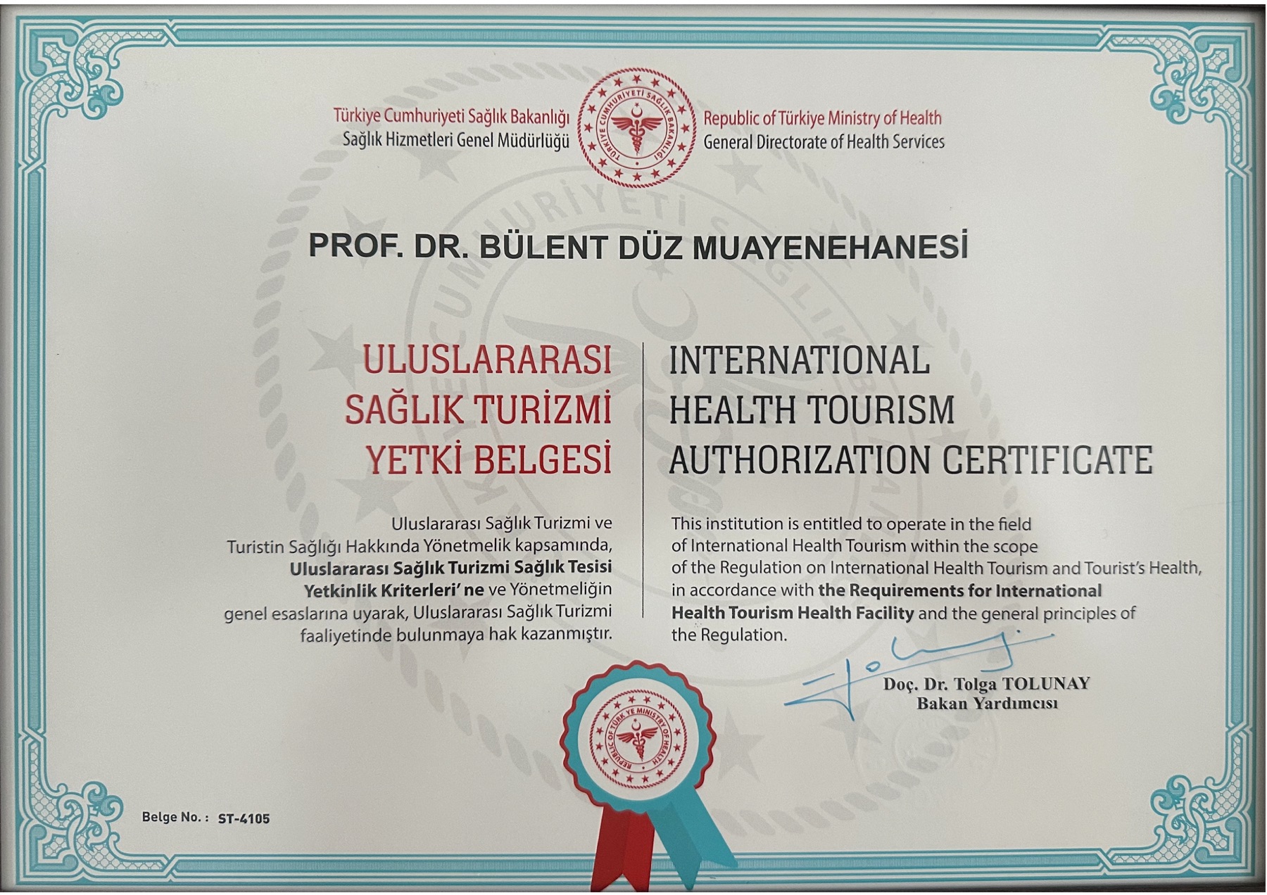 Uluslararası Sağlık Turizmi Yetki Belgesi – Prof. Dr. Bülent Düz